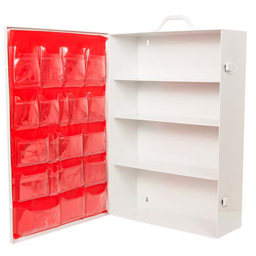 4-Shelf First Aid Station, Metal Cabinet with Pouch, Wall Mount, White, Empty