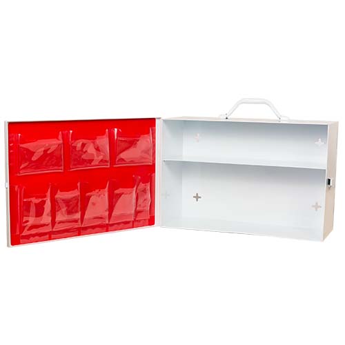 2-Shelf First Aid Metal Cabinet with door pouch, Labeled, White, Empty