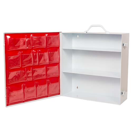 3-Shelf First Aid Metal Cabinet with door pouch, Labeled, White, Empty