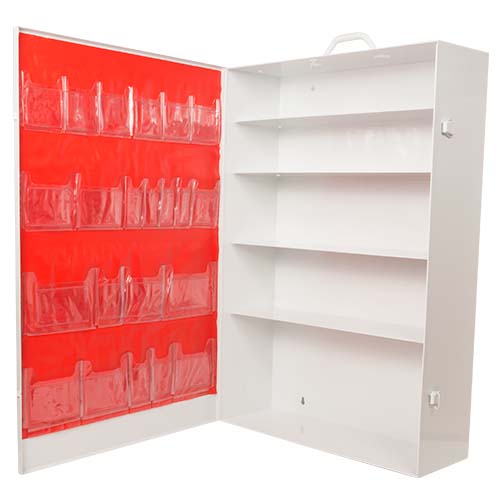 4-Shelf First Aid Metal Cabinet with door pouch, wide, Screened, White, Empty