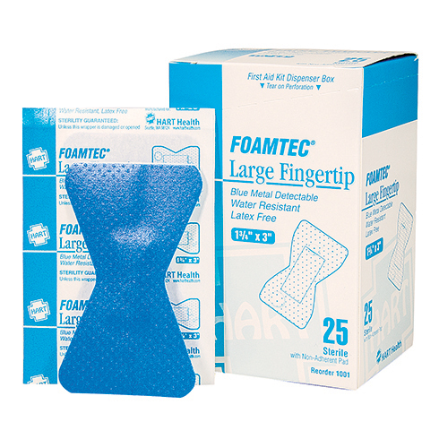 FoamTec, Blue Metal Detectable Large Fingertip, Water Resistant Foam Bandages, 25 per box