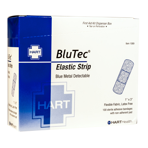 BluTec, Blue Metal Detectable Elastic Strip Bandages, Heavy Woven Cloth, 1' x 3', 100 per box