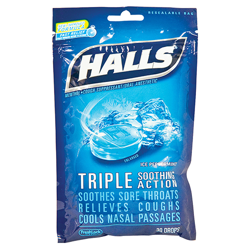 Halls Cough Drops, Ice Peppermint, 30 per bag