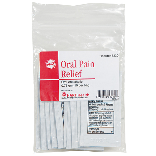 Oral Pain Relief, Benzocaine 20%, 0.75 gm packets, 10 per bag